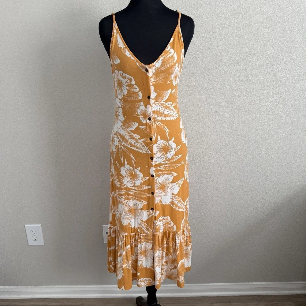 Roxy XS Seaside State Midi Dress Floral Tropical Buttons Ruffle Vacation Resort - Picture 1 of 9